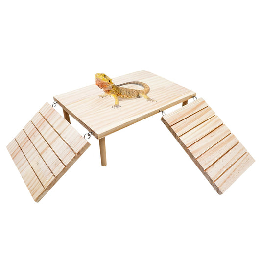 🦎 Scalyplay™ Wooden Bearded Dragon Basking Platform & Hide Cave - Natural Climbing Ramp Reptile Habitat Accessory