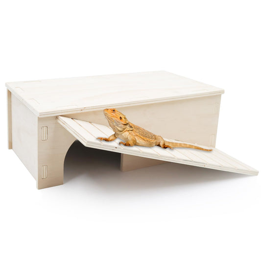 🦎 Scalyplay™ Wooden Bearded Dragon Hide & Basking Platform - Natural Hideout with Climbing Ramp for Reptiles & Small Pets