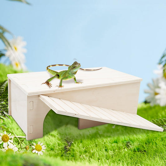🦎 Scalyplay™ Wooden Bearded Dragon Hide & Basking Platform - Natural Hideout with Climbing Ramp for Reptiles & Small Pets